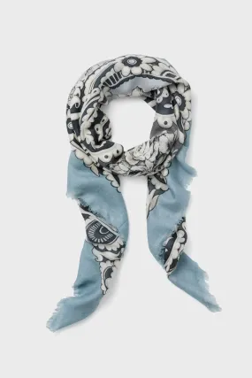 Blue Filigree Silk Cashmere Blend Large Scarf