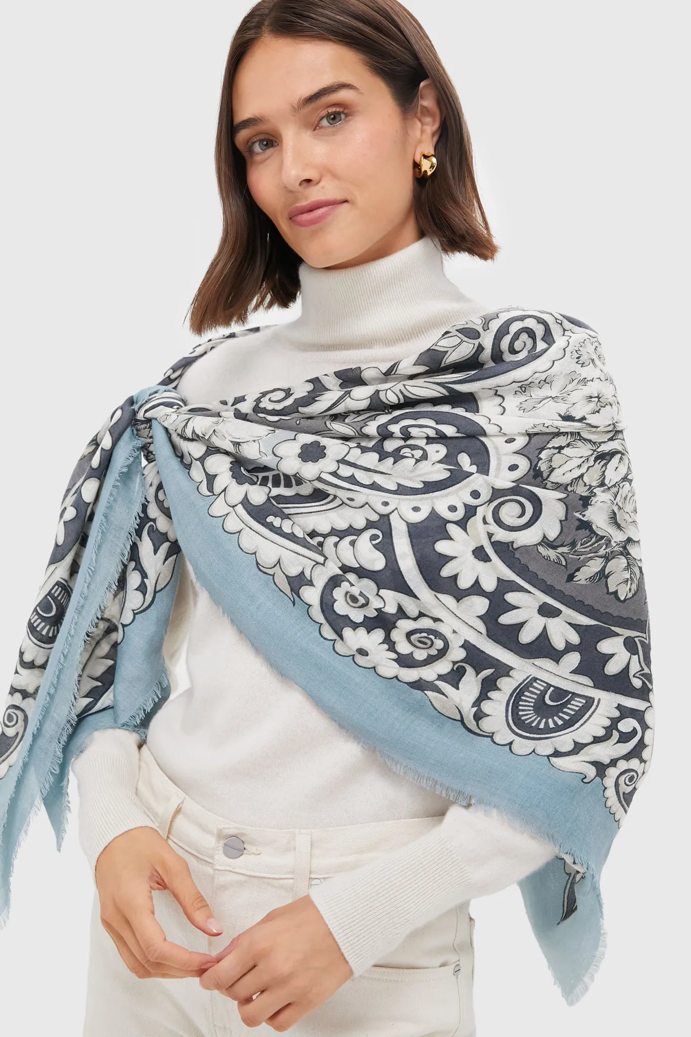 Blue Filigree Silk Cashmere Blend Large Scarf