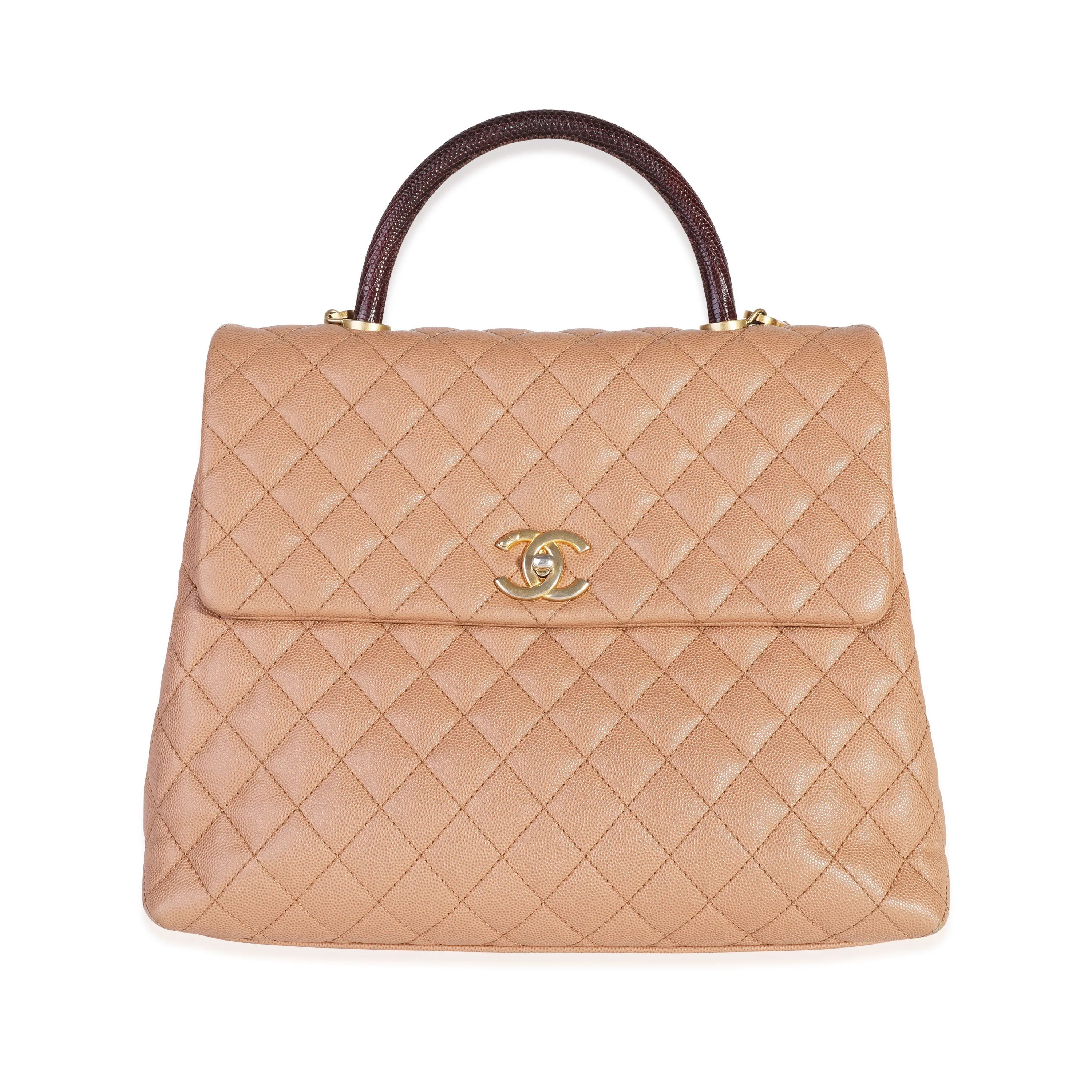 CHANEL Beige Quilted Caviar & Burgundy Lizard Large Coco Handle Flap Bag