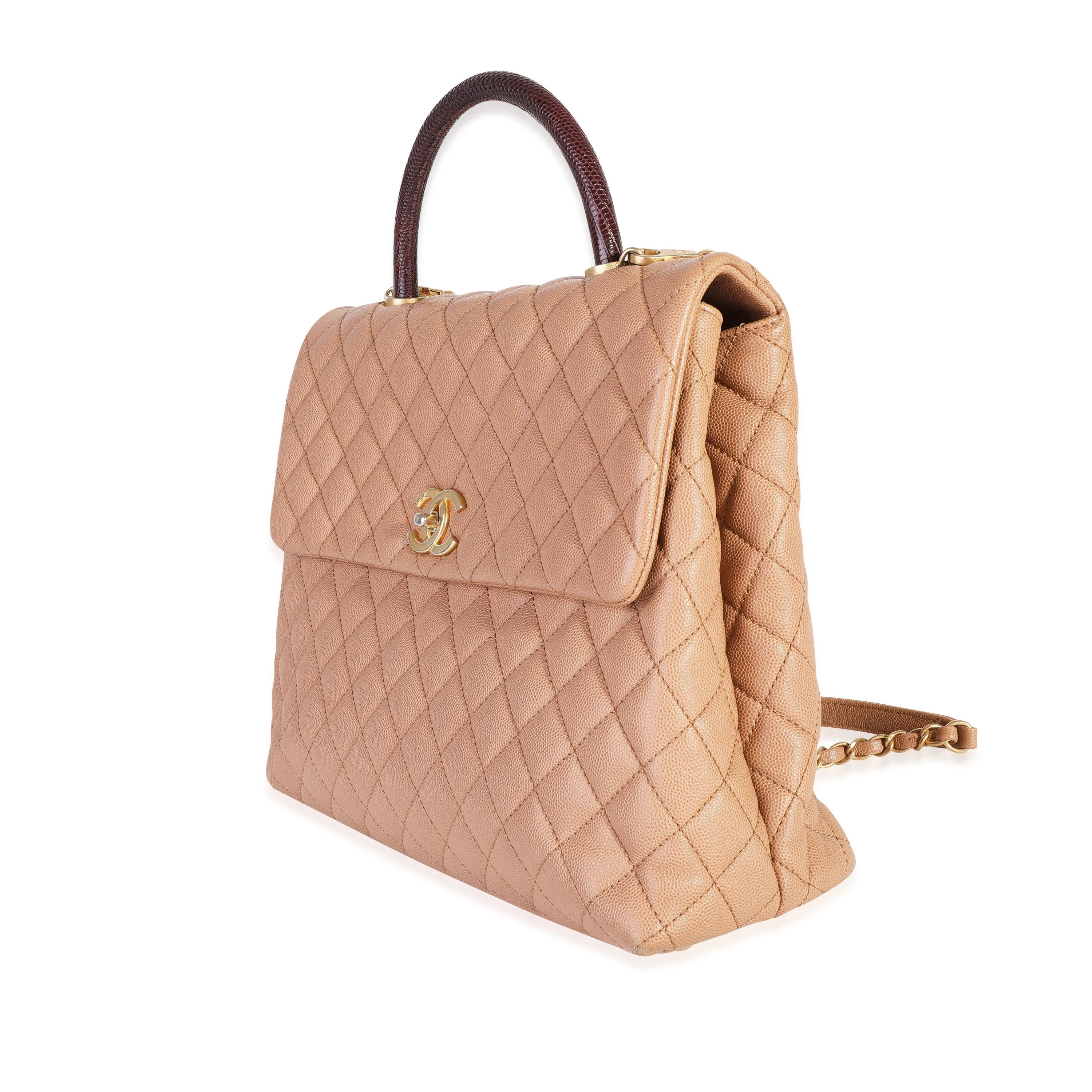 CHANEL Beige Quilted Caviar & Burgundy Lizard Large Coco Handle Flap Bag