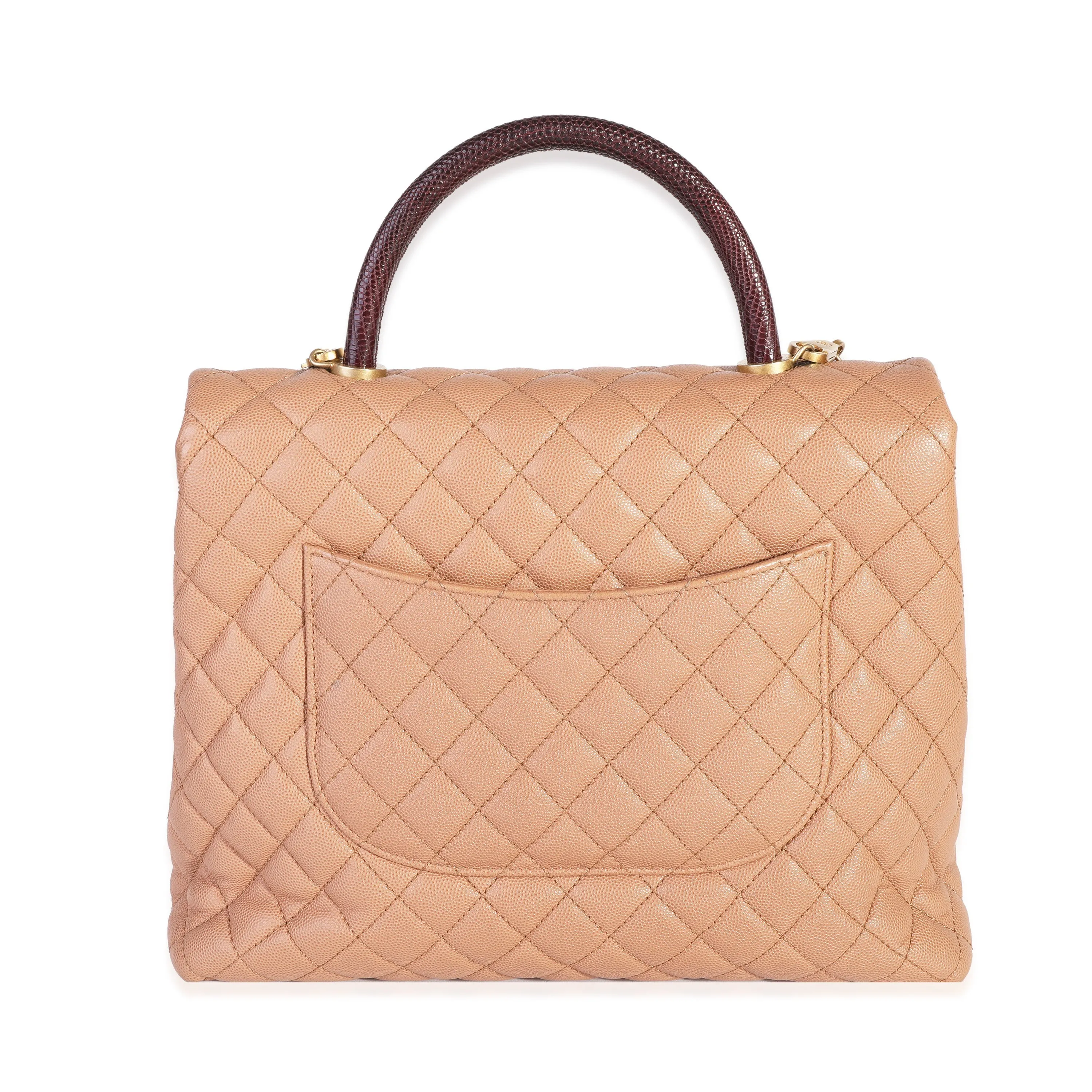 CHANEL Beige Quilted Caviar & Burgundy Lizard Large Coco Handle Flap Bag
