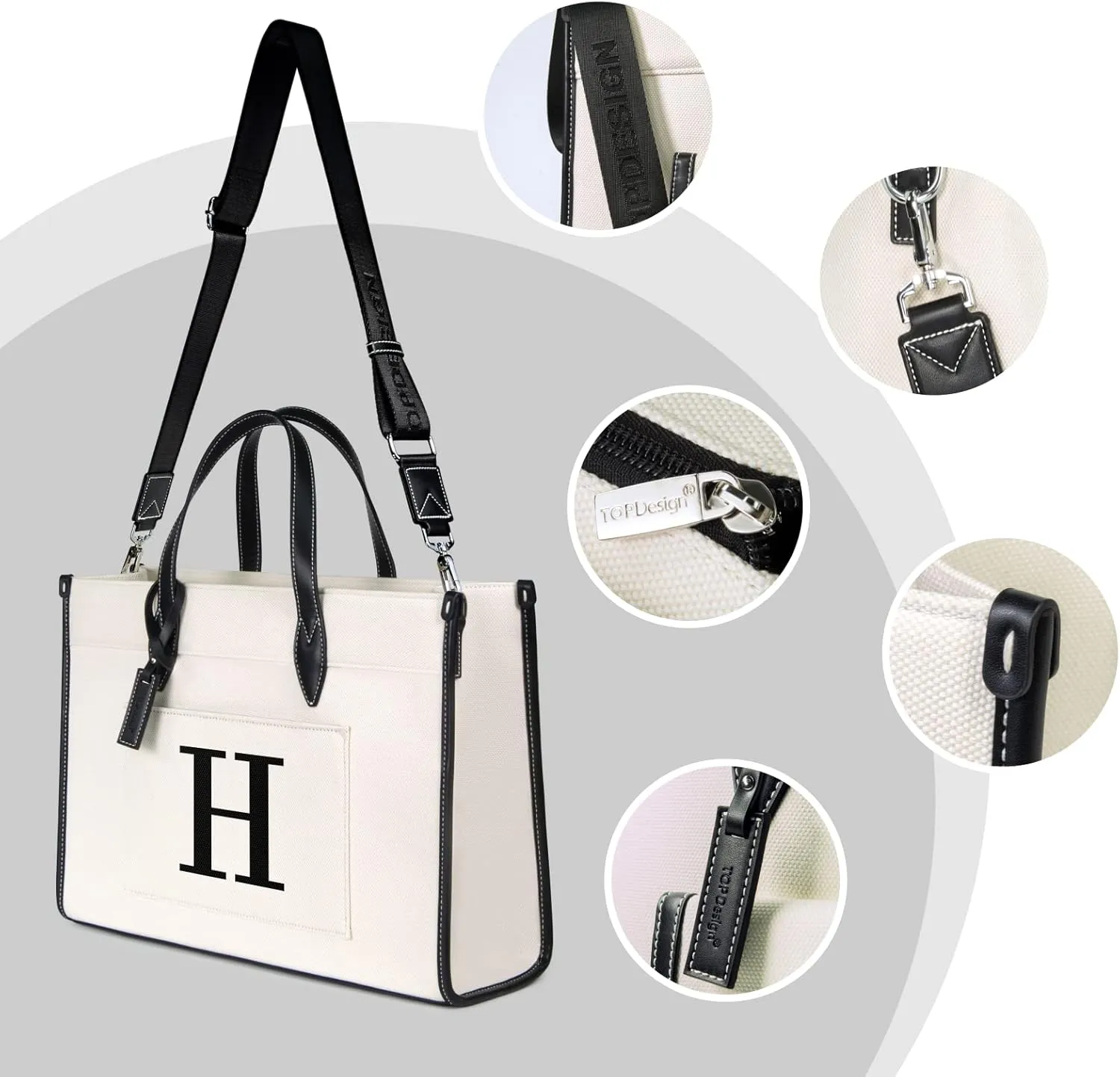 TOPDesign Initial 15.6" Laptop Tote Bag for Women, Personalized Canvas Work Purse, Business Briefcase & Office Handbag
