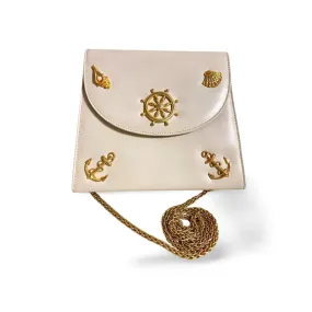 Vintage BALLY ivory white leather shoulder bag with chains and gold tone shell, ruddle, pearl, anchor motifs. 060310ya2